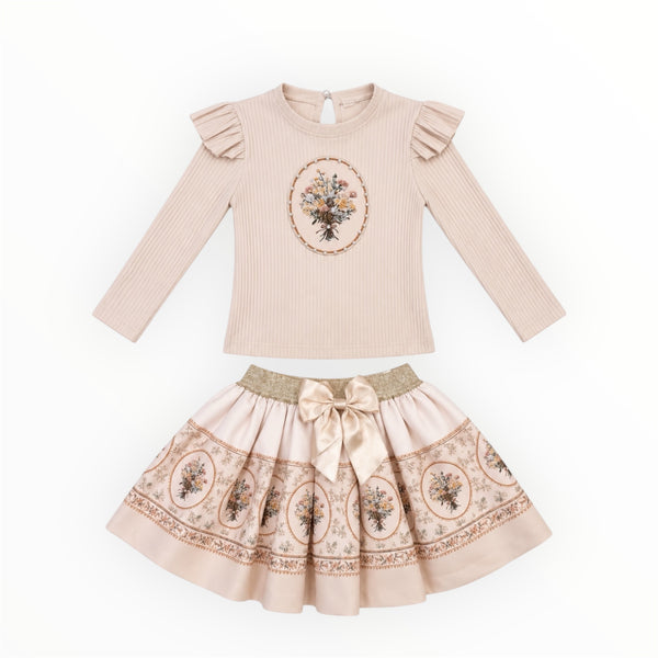 Meisjes Beige 2-Delige Set met Bloemenprint – Top & Rokje