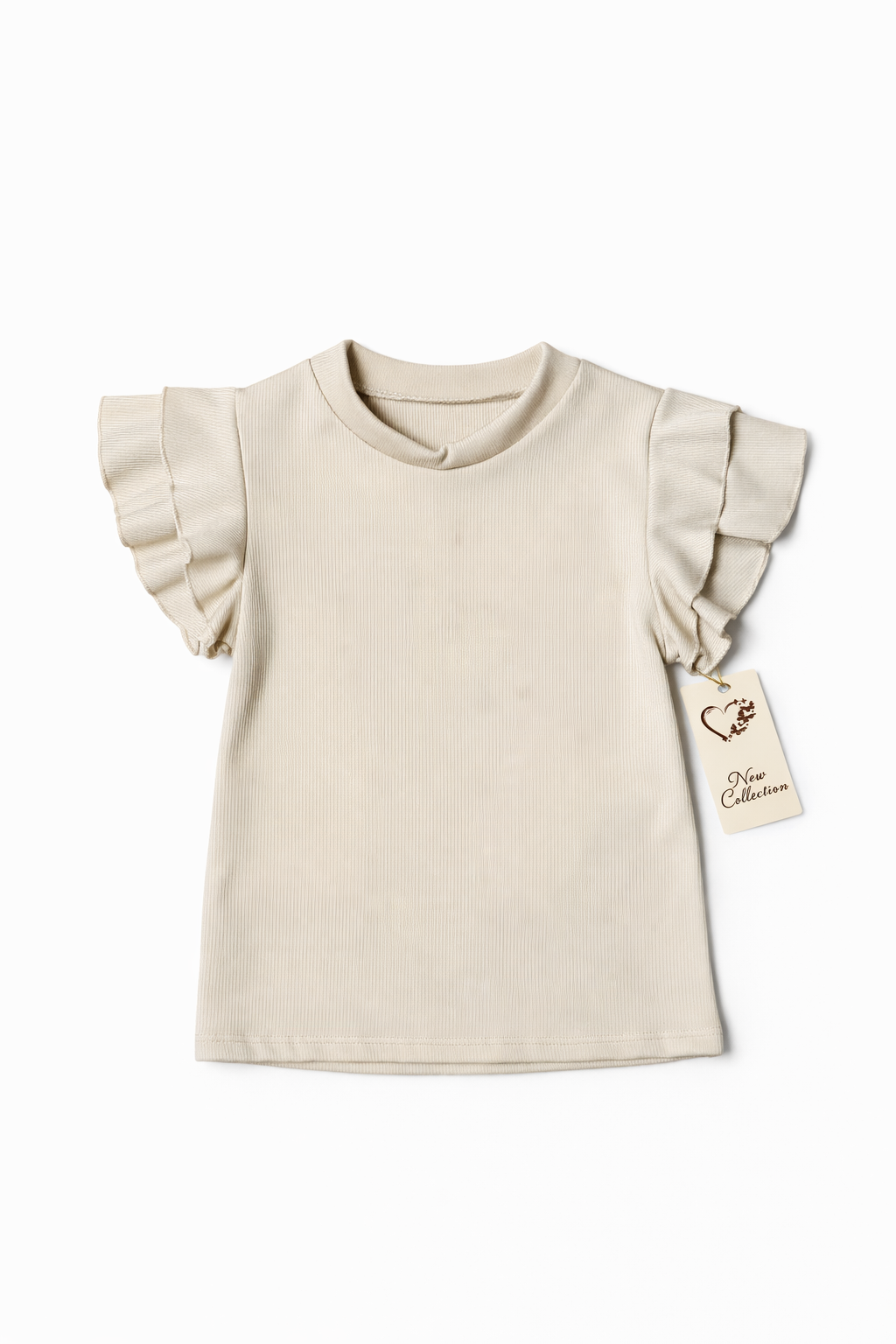 Meisjes Shirt Ruffle Mouwtjes Ribstof – Beige