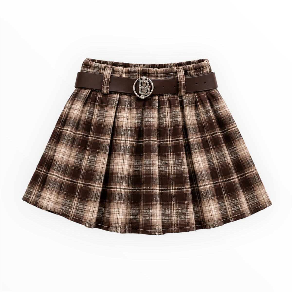Meisjes Geruite Plooirok Bruin met Riem