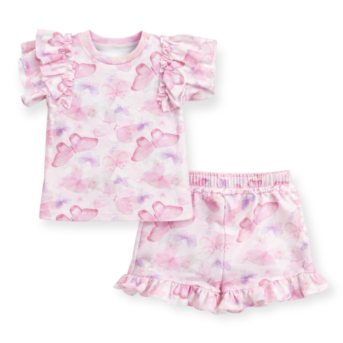Peuter & Meisjes Set Roze – Vlinder Print Top & Short met Ruffles