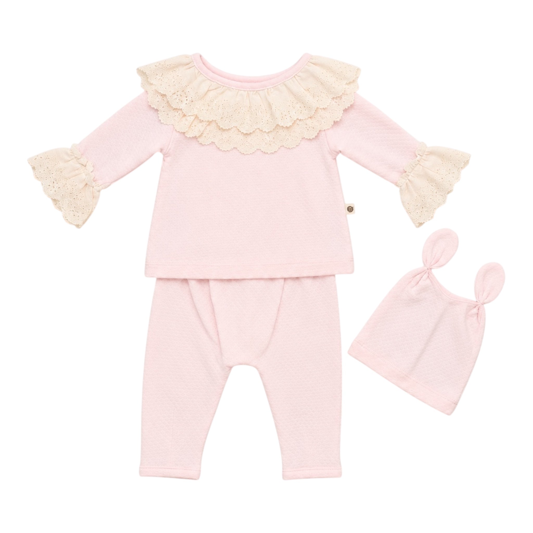 Baby setje met kant en mutsje in roze, By Reina Kidsfashion