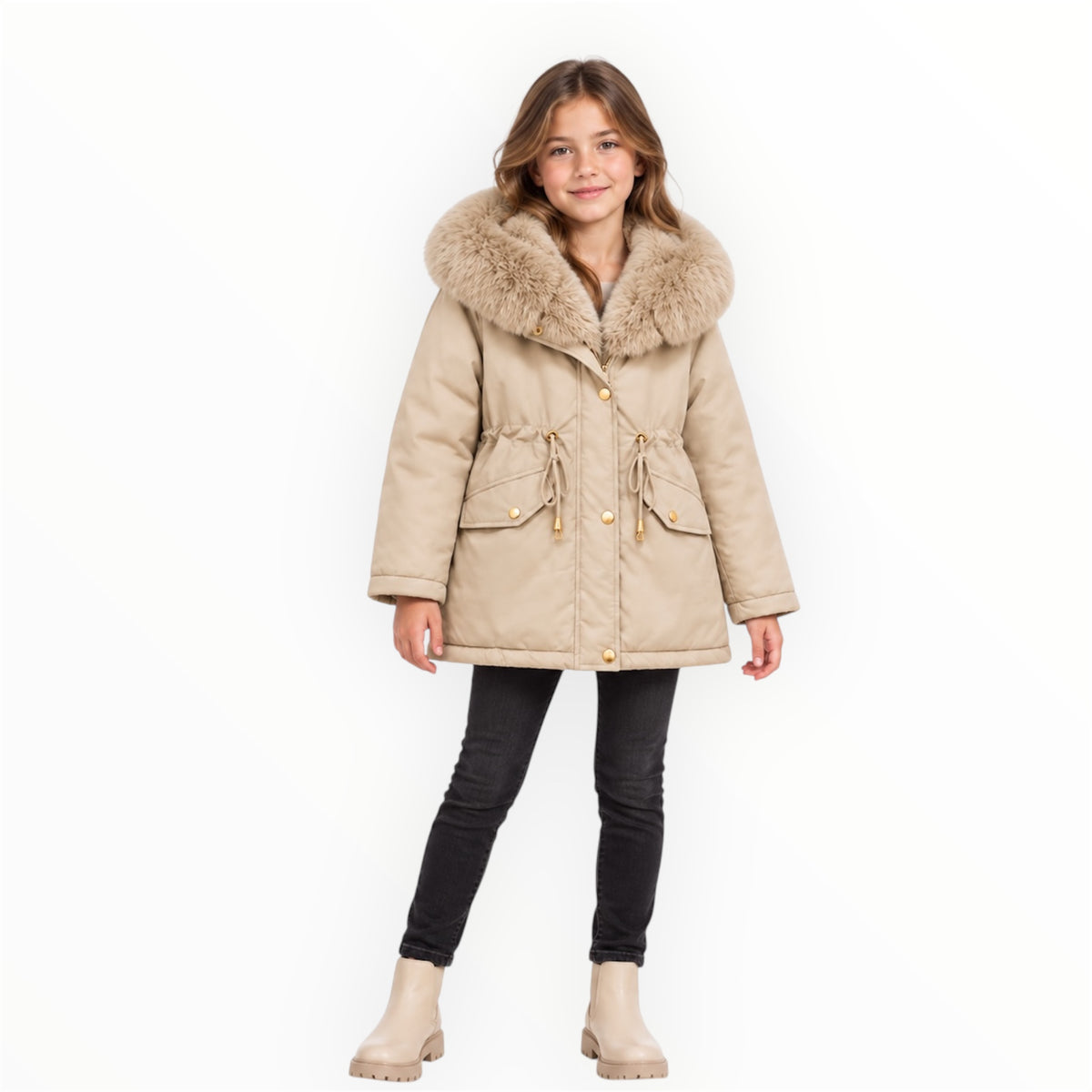 Meisjes Winterjas Parka met Bontkraag – Beige – foto 2