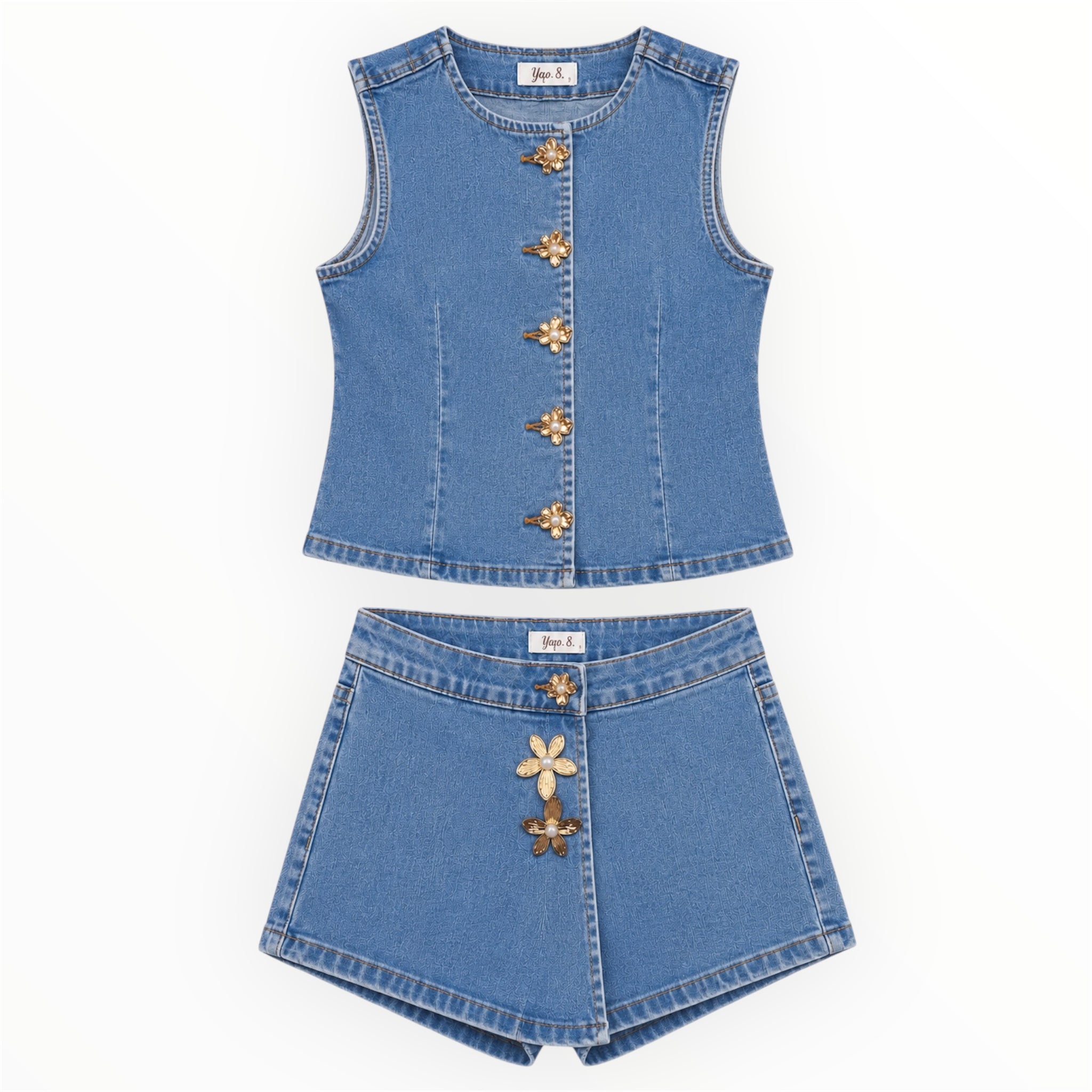 Meisjes Denim Set met Bloemdetails - Lichtblauw | By Reina Kidsfashion
