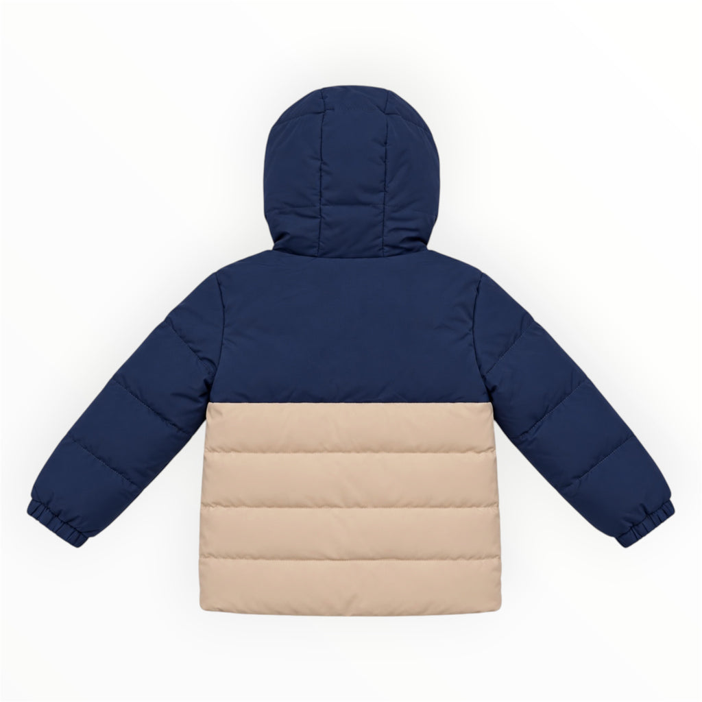 Peuter Jongens Gewatteerde Winterjas Donkerblauw & Beige met Capuchon
