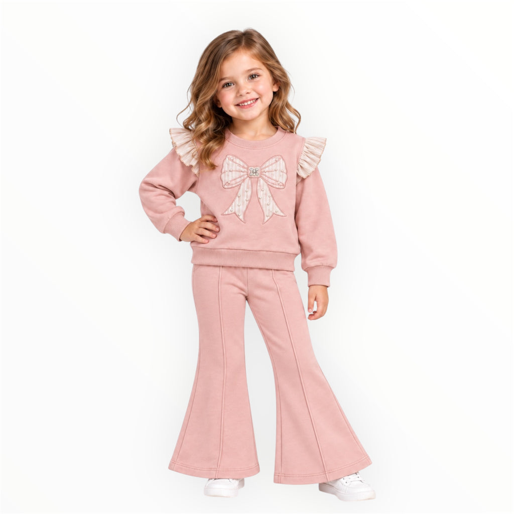 Meisjes Flared Set met Parelstrik – Roze