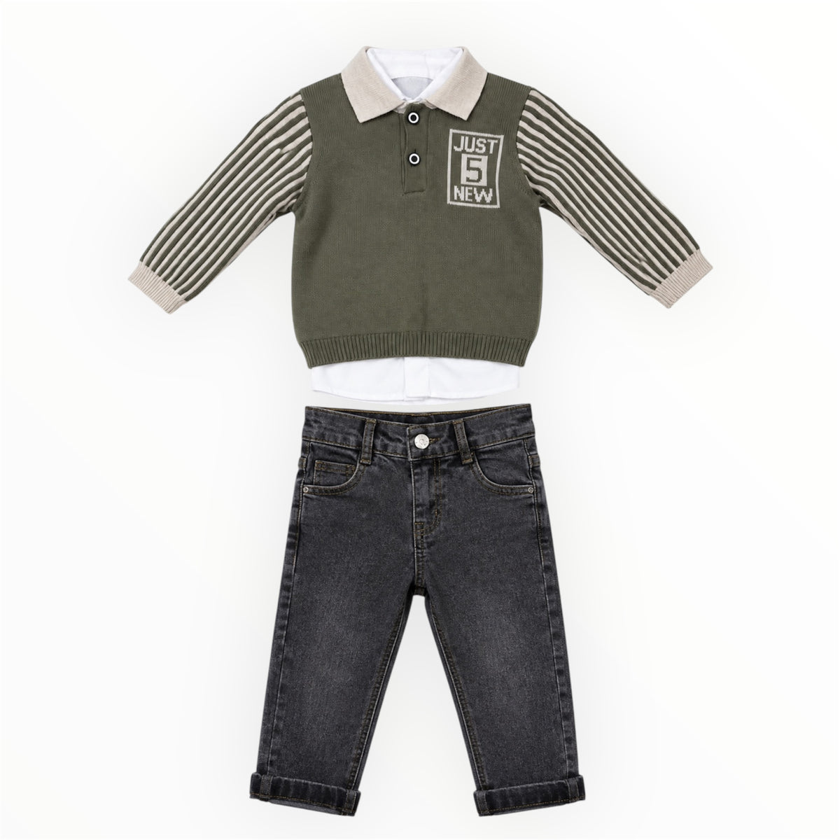 Baby Jongens 3-Delige Set Trui, Blouse & Jeans – Groen