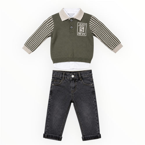 Baby Jongens 3-Delige Set Trui, Blouse & Jeans – Groen
