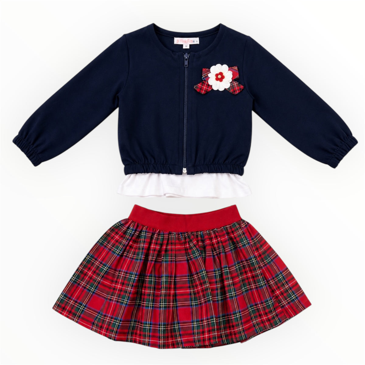 Meisjes 3-Delige Set Ruit Rok, Shirt & Vest – Rood/Donkerblauw