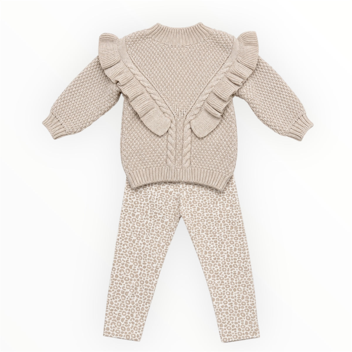 Meisjes Set met Ruffle Trui & Panter Legging – Beige