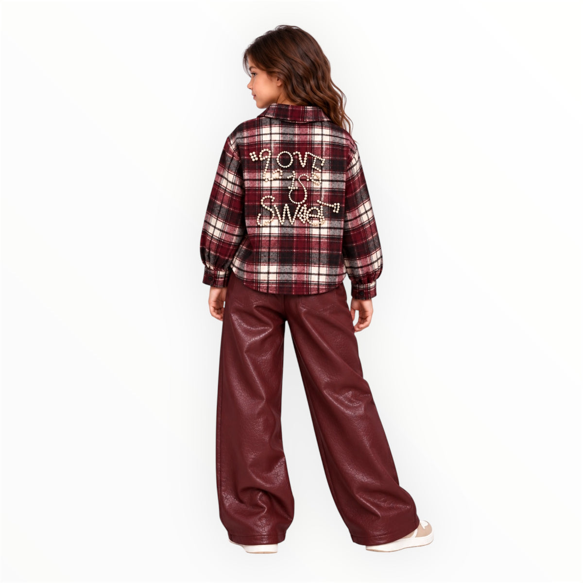 Meisjes Bordeaux Geruite Blouse met Parels