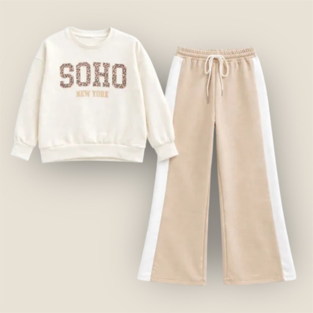 Meisjes Setje Sweater Print & Wijde Broek – Beige – foto 3