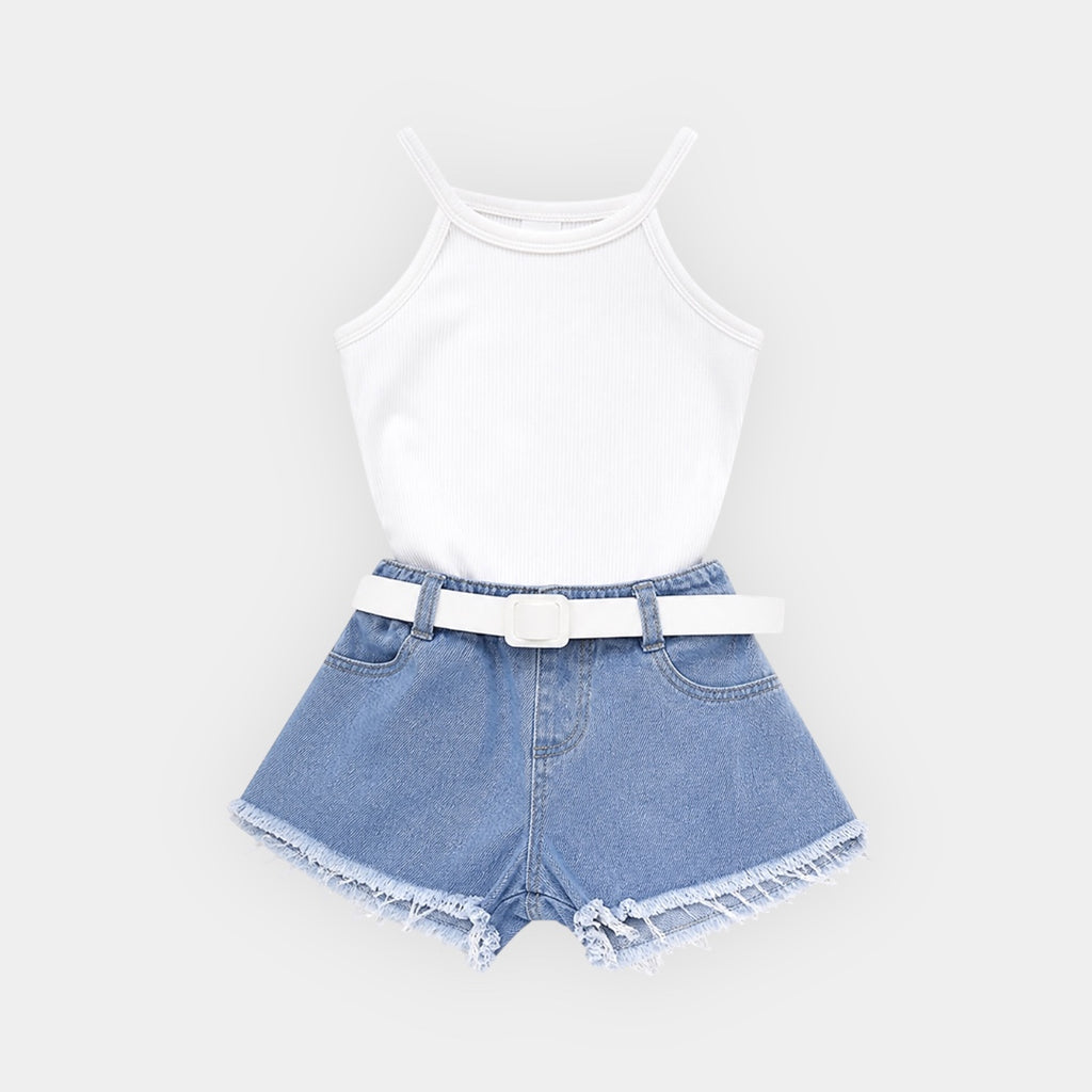 Meisjes Setje Top & Denim Short – Wit