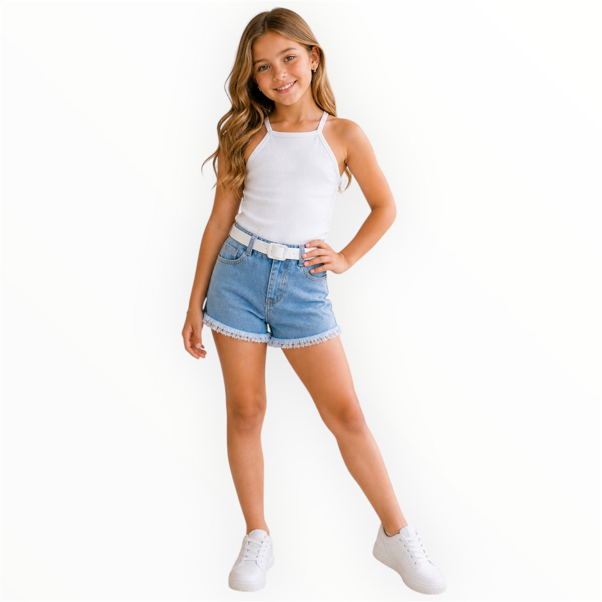 Meisjes Setje Top & Denim Short – Wit – foto 2