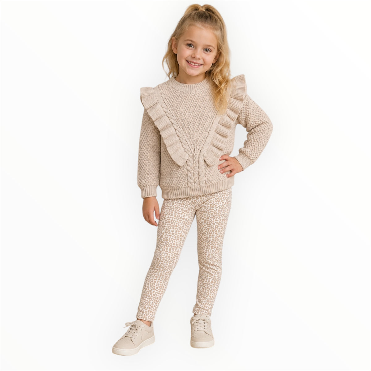 Meisjes Set met Ruffle Trui & Panter Legging – Beige – foto 2