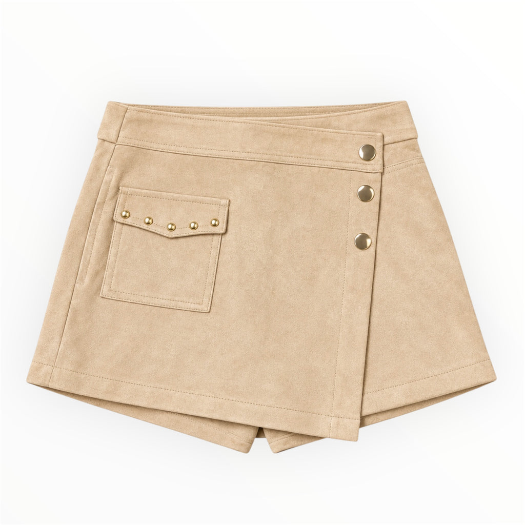 Meisjes Suède Look Skort met Gouden Details – Beige