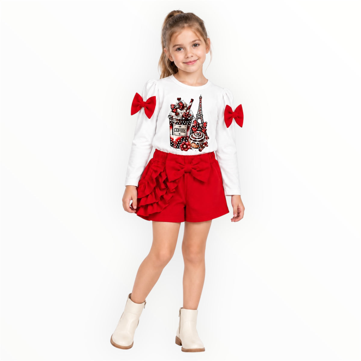 Meisjes 2-Delige Set Rood met Strikken & Ruches