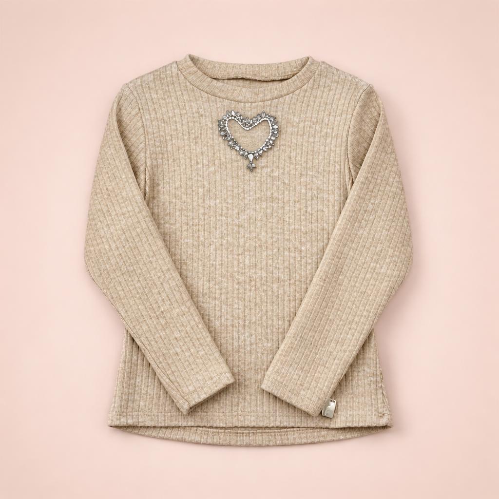 Meisjes Rib Top met Hartdetail – Taupe
