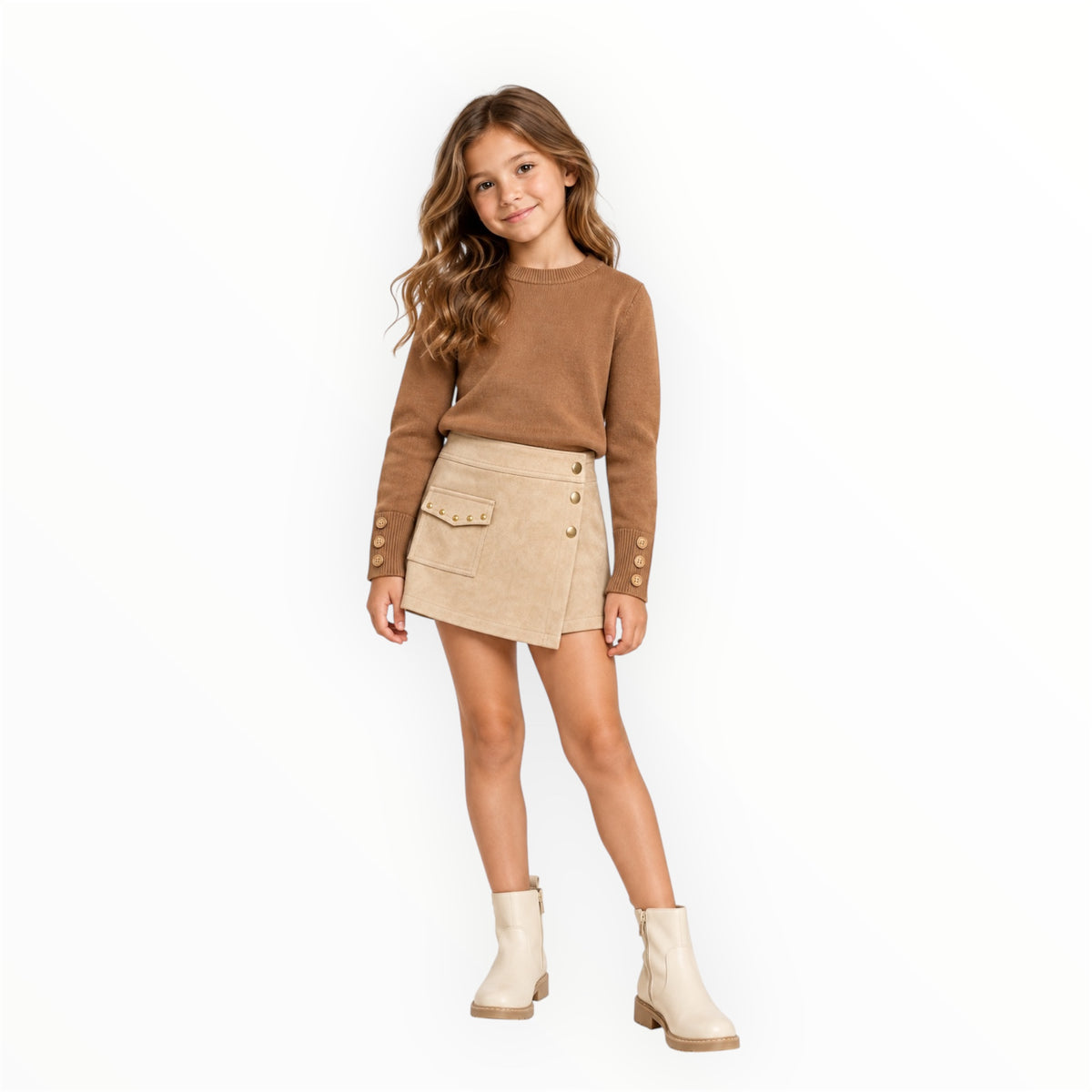 Meisjes Basic Trui Camel – Gouden Knoopdetails – foto 2