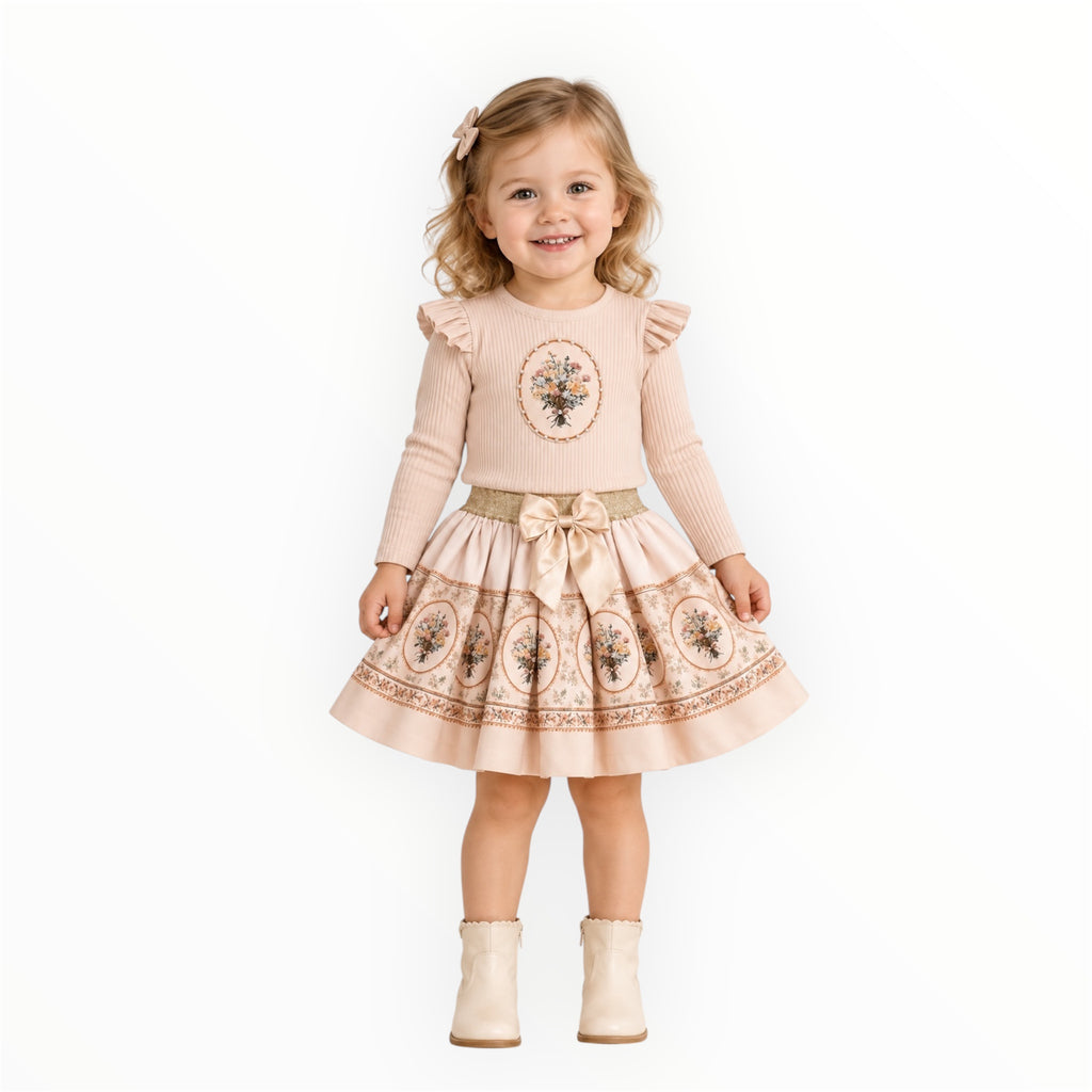 Meisjes Beige 2-Delige Set met Bloemenprint – Top & Rokje